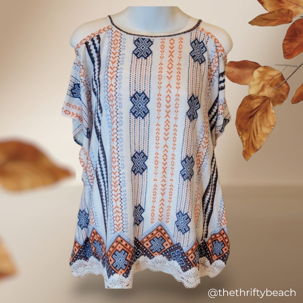 Amy Byer Bohemian Native Geometric Cold Shoulder Lace Trim Poncho Top
